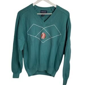 Lands’ End Women’s Vintage Sea Green V-neck Rose Cotton Sweater NWOT W-344 Sz M